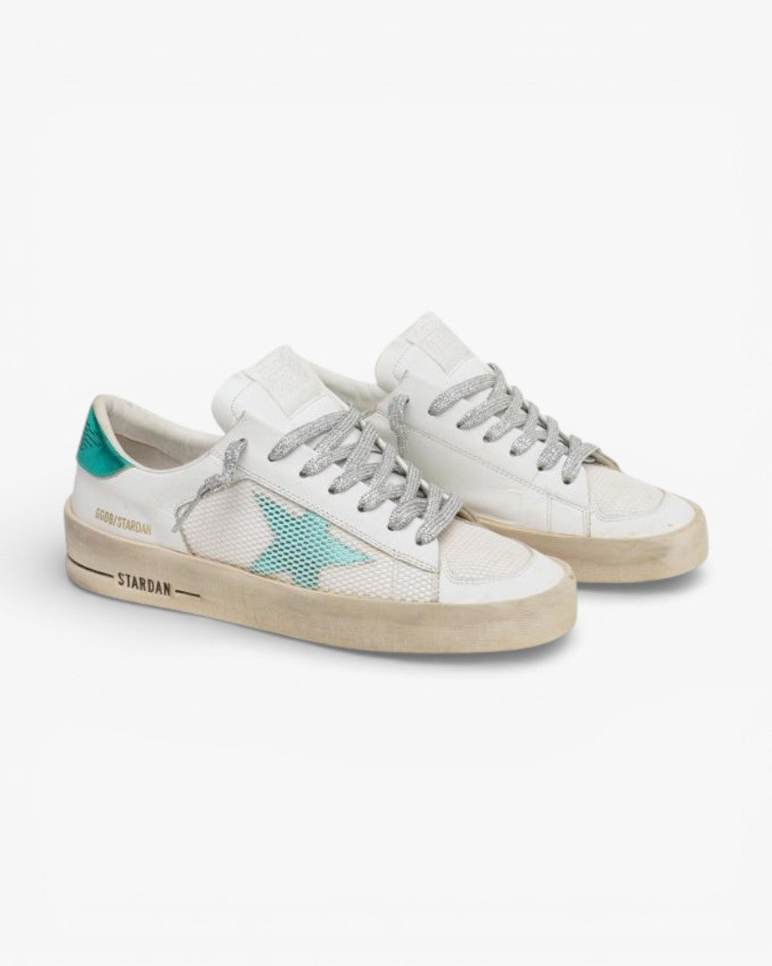 Golden Goose White Aqua‑Green Stardan Sneakers