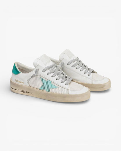 Golden Goose White Aqua‑Green Stardan Sneakers