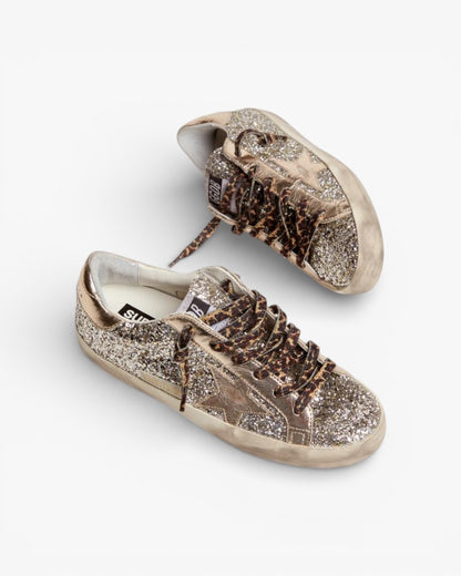 Golden Goose Super-Star Platinum Glitter Sneakers with Tone-on-Tone Leather Star and Heel Tab