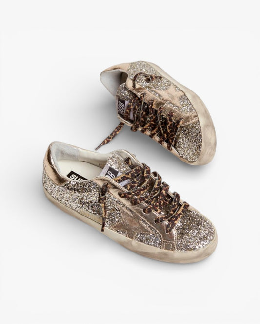 Golden Goose Super-Star Platinum Glitter Sneakers with Tone-on-Tone Leather Star and Heel Tab