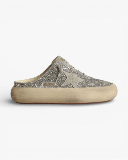Golden Goose Space Star Silver Glitter Suede Accent Sabot Sneakers
