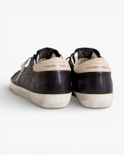 Golden Goose Women’s Super-Star Black Nappa Leather Zebra-Print Pony Skin Star Beige Leather Heel Tab