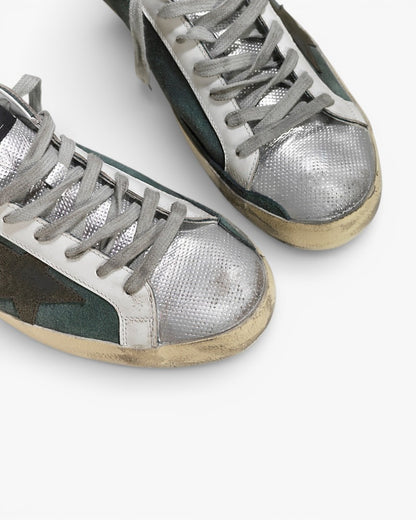 Golden Goose Super‑Star Sneakers Green Suede Red Silver Star