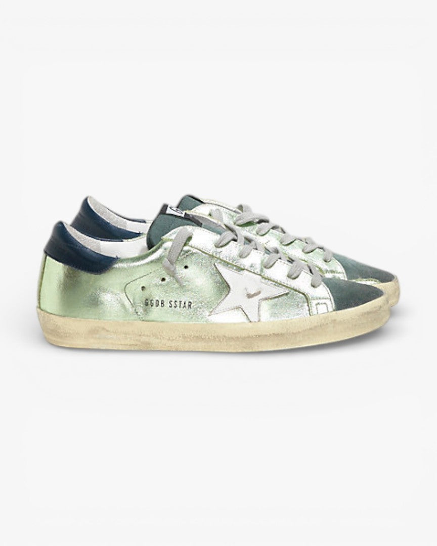 Golden Goose Super-Star Sneakers with Green Lamé Leather Star