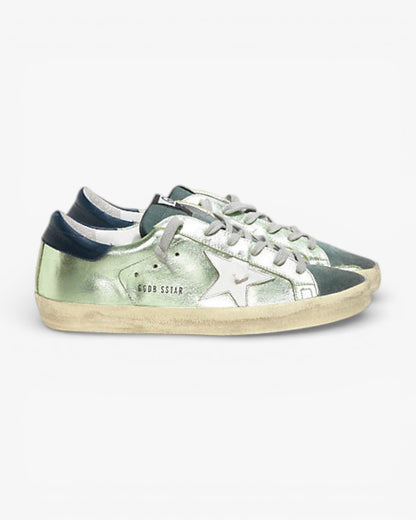 Golden Goose Super-Star Sneakers with Green Lamé Leather Star