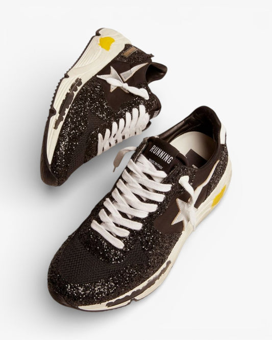 Golden Goose Running Sole Sneakers Black Nylon Glitter Silver Laminated Leather Star