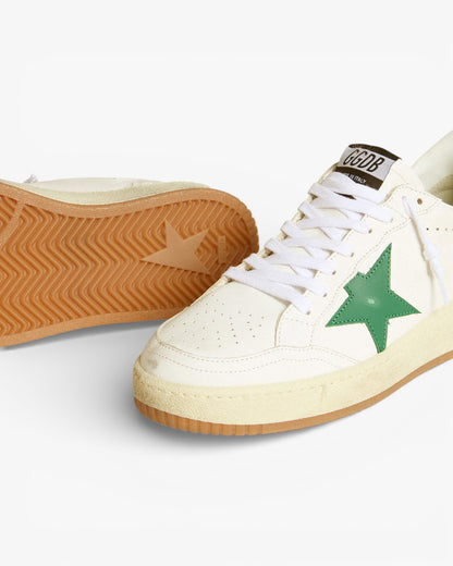 Golden Goose Ball Star White Leather Sneakers with Green Star