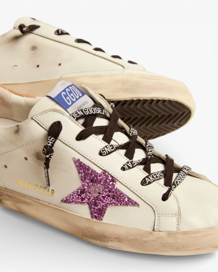 Golden Goose Super-Star White Sneakers with Lavender Glitter Star