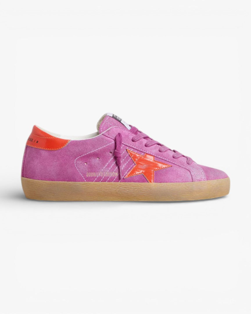 Golden Goose Women’s Super-Star Fuchsia Suede Fluorescent Orange Laminated Leather Star Heel Tab