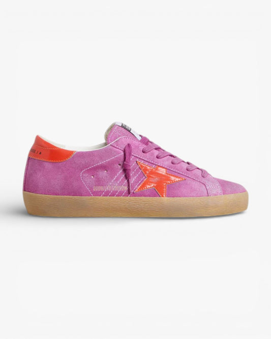 Golden Goose Women’s Super-Star Fuchsia Suede Fluorescent Orange Laminated Leather Star Heel Tab