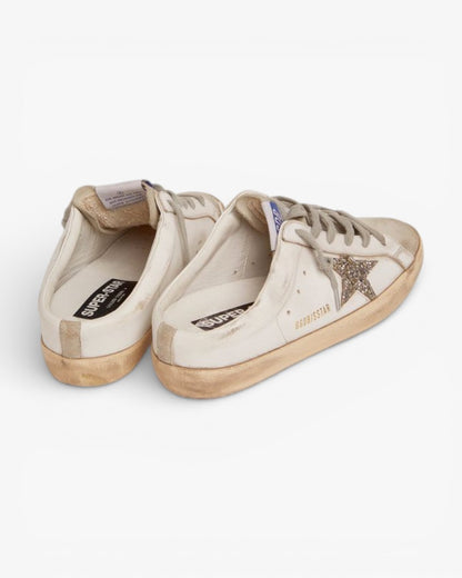 Golden Goose Super-Star Sabots with Silver Glitter Star