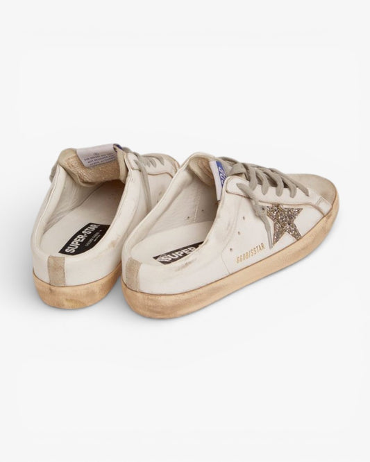 Golden Goose Super-Star Sabots with Silver Glitter Star