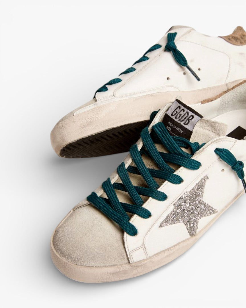 Golden Goose Super‑Star Sneakers Silver Glitter Star Leopard Suede Heel