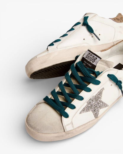 Golden Goose Super‑Star Sneakers Silver Glitter Star Leopard Suede Heel