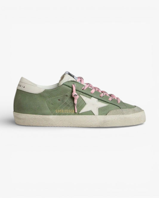 Golden Goose Women’s Super-Star LTD Green Nubuck White Leather Star Heel Tab
