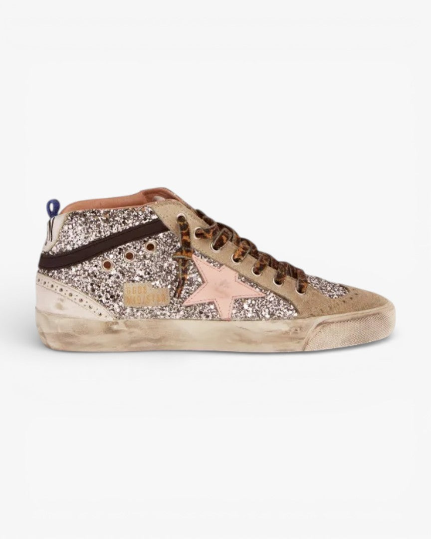 Golden Goose Mid Star Sneakers Silver Glitter Upper Pale Pink Star