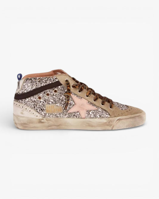Golden Goose Mid Star Sneakers Silver Glitter Upper Pale Pink Star
