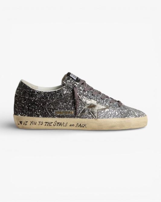 Golden Goose Women’s Super-Star Glitter Upper Silver Metallic Leather Star
