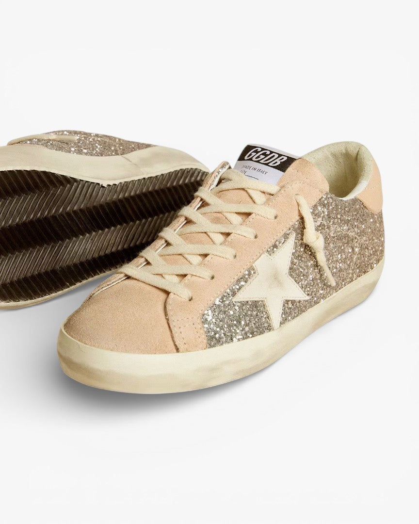 Golden Goose Women’s Super-Star Silver Glitter Leather Star Heel Tab