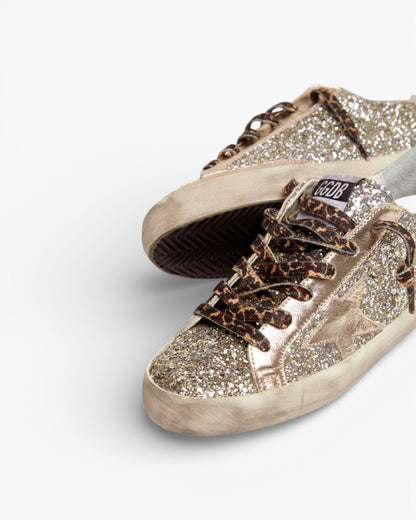 Golden Goose Super-Star Platinum Glitter Sneakers with Tone-on-Tone Leather Star and Heel Tab