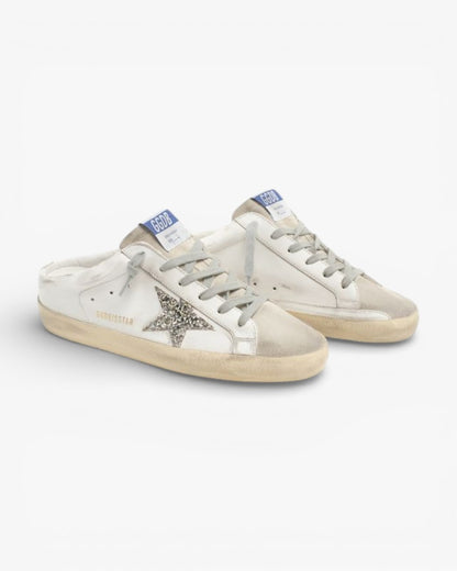 Golden Goose Super-Star Sabots with Silver Glitter Star