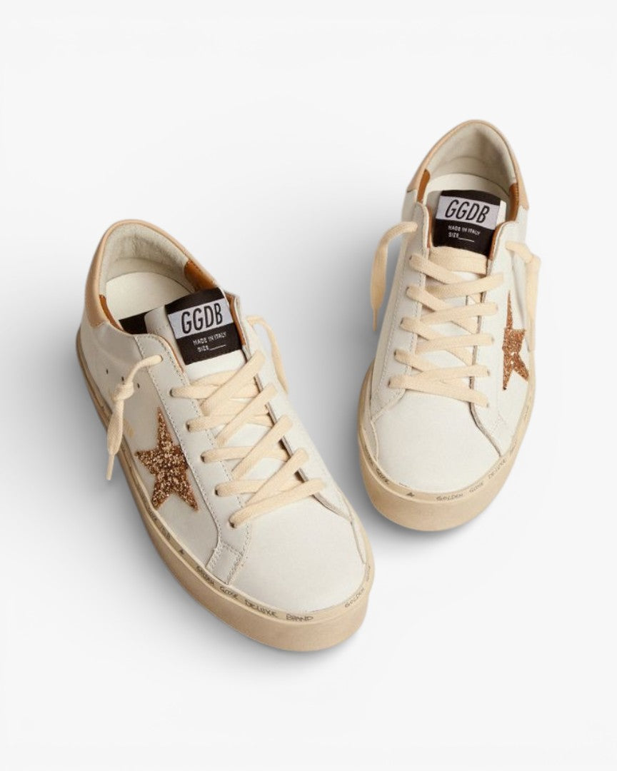 Golden Goose Hi-Star Sneakers Gold Glitter Star Beige Leather Heel Tab