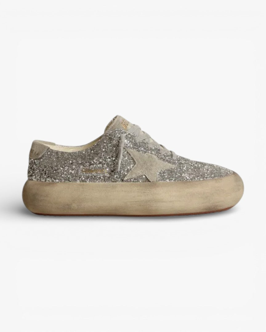 Golden Goose Space Star Silver Glitter Suede Accent Sneakers