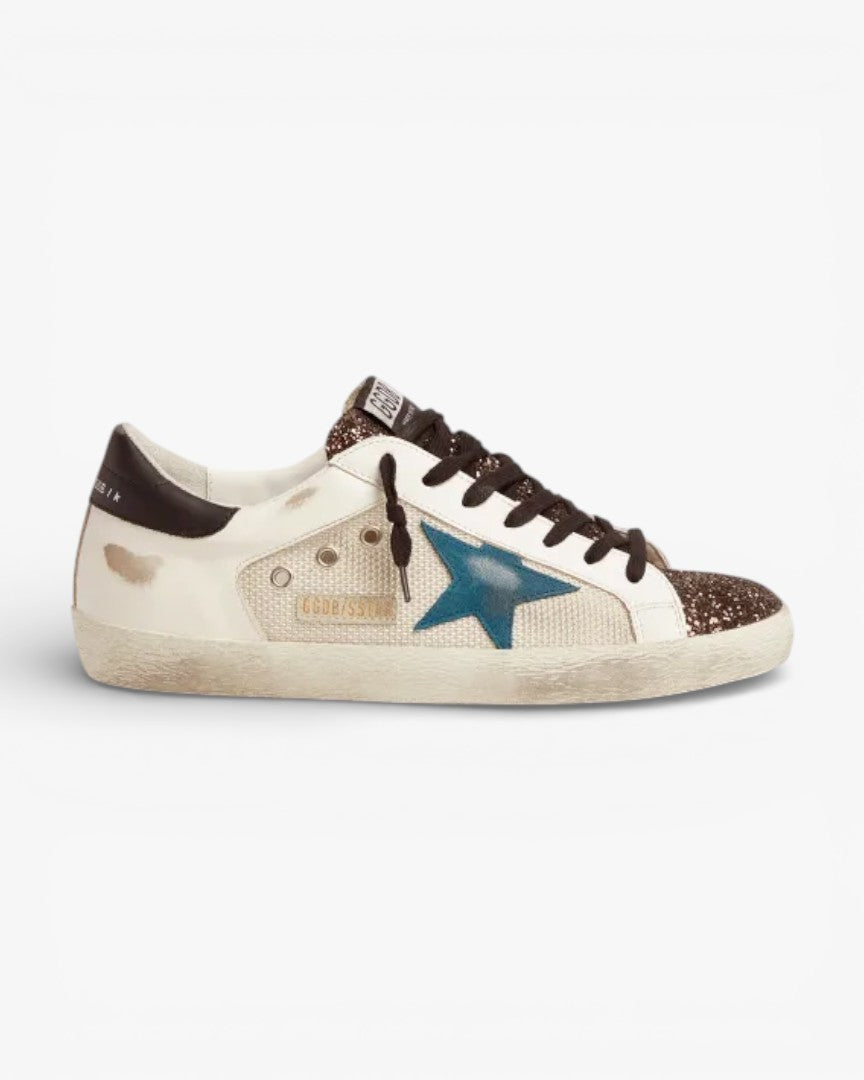 Golden Goose Super-Star Sneakers with Glitter Insert and Blue Storm Suede Star