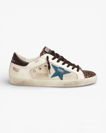 Golden Goose Super-Star Sneakers with Glitter Insert and Blue Storm Suede Star