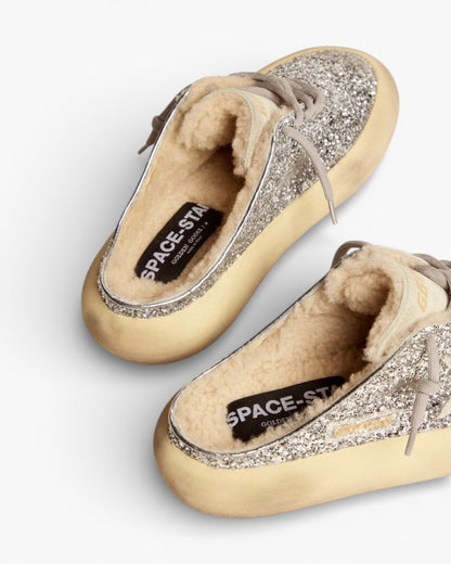Golden Goose Space Star Silver Glitter Shearling Sneakers