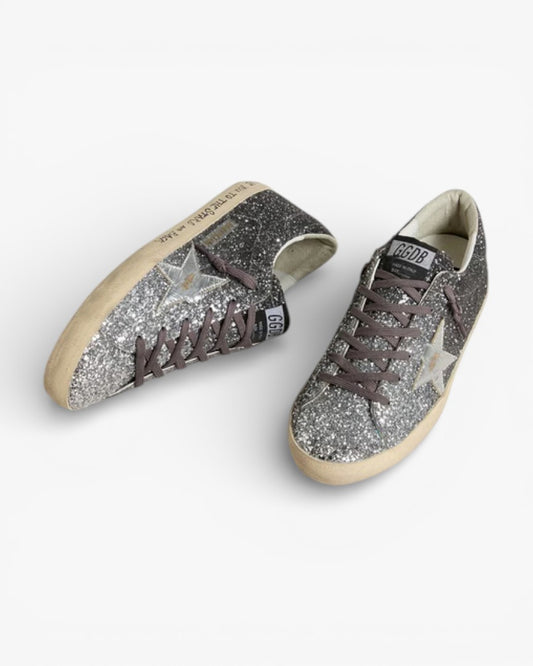 Golden Goose Women’s Super-Star Glitter Upper Silver Metallic Leather Star