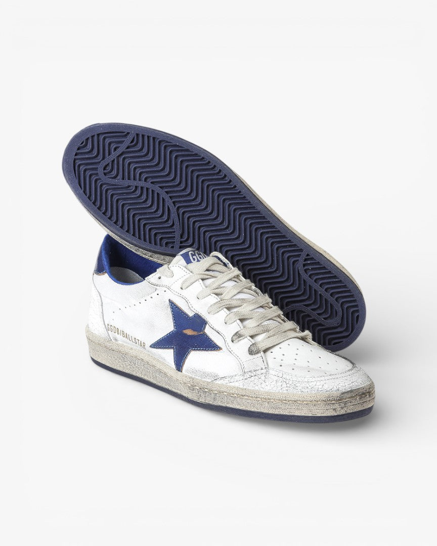 Golden Goose Ball Star White Leather Sneakers Blue Star Blue Heel Tab