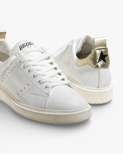 Golden Goose White Calf Leather Starter Sneakers with Gold Accents