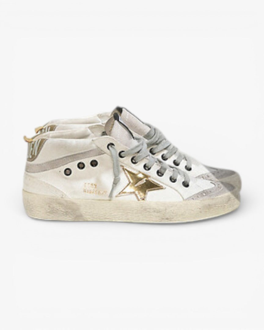 Golden Goose MID STAR Sneakers Cotton Canvas Leather Star White Military Gold