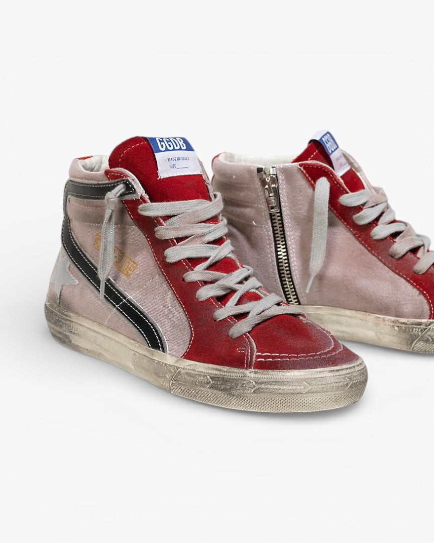 Golden Goose Slide Sneakers Denim Cotton Pelle Star Red Suede Silver Star
