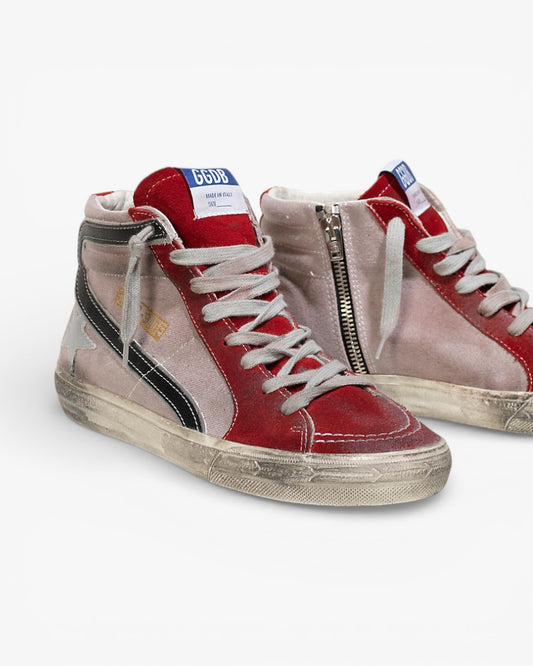 Golden Goose Slide Sneakers Denim Cotton Pelle Star Red Suede Silver Star