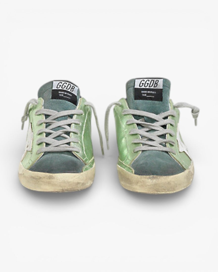 Golden Goose Super-Star Sneakers with Green Lamé Leather Star