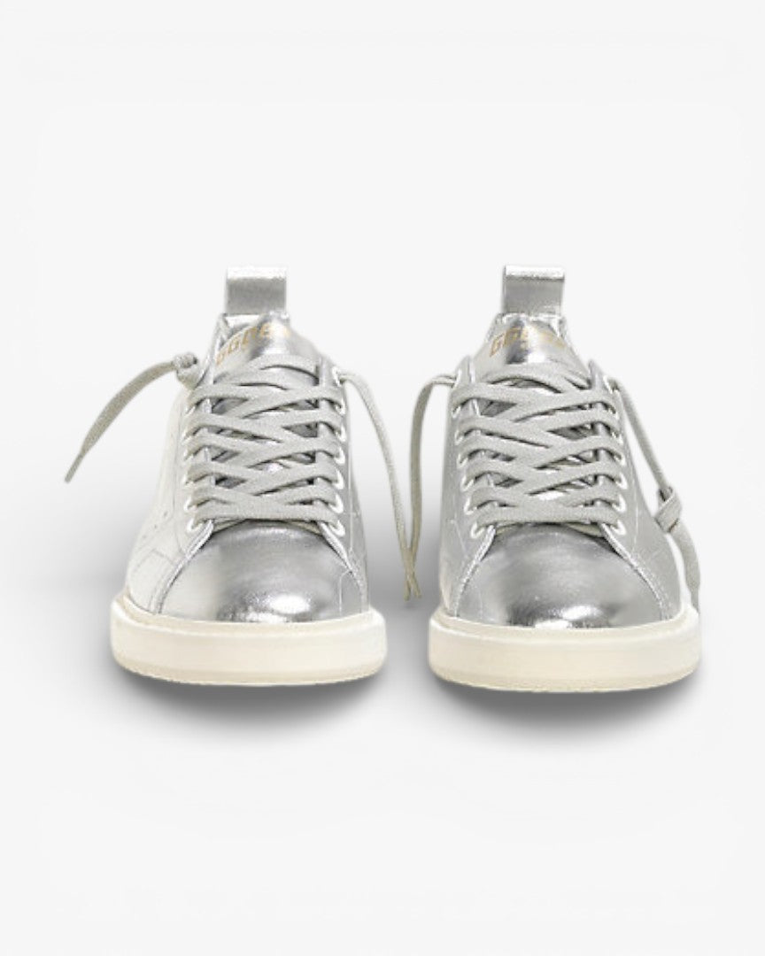 Golden Goose Silver Laminated Calf Leather Starter Sneakers with White Sole