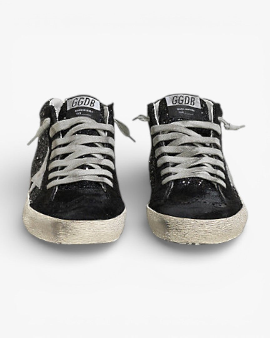 Golden Goose MID STAR Sneakers Pelle All Over Glitter Stella Pelle Laminata Black Glitter