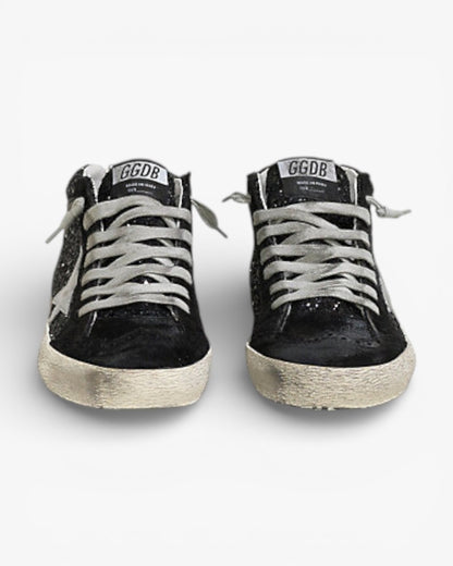 Golden Goose MID STAR Sneakers Pelle All Over Glitter Stella Pelle Laminata Black Glitter
