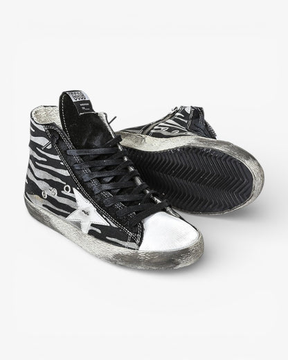 Golden Goose FRANCY Sneakers Cotton Canvas Leather Star Black Zebra