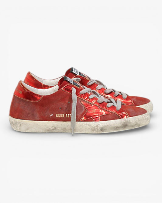 Golden Goose Super‑Star Sneakers Red Suede Laminated Leather Star