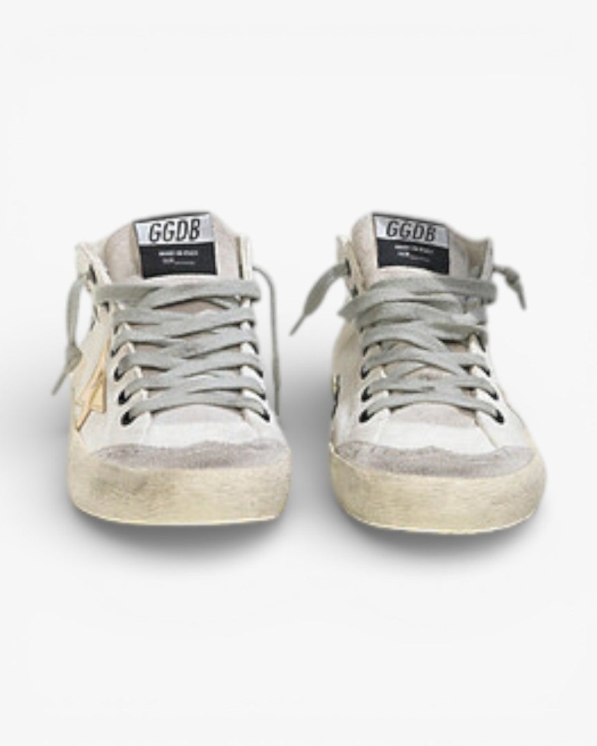 Golden Goose MID STAR Sneakers Cotton Canvas Leather Star White Military Gold
