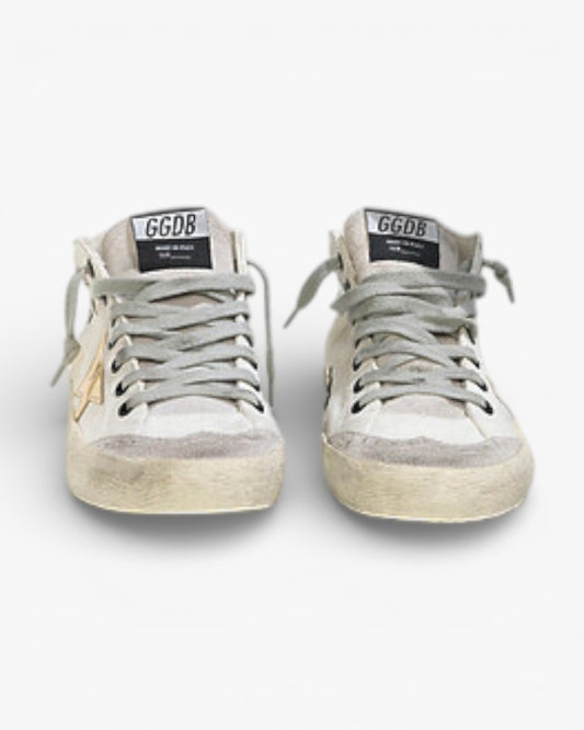 Golden Goose MID STAR Sneakers Cotton Canvas Leather Star White Military Gold