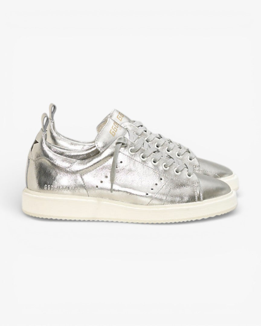 Golden Goose Silver Laminated Calf Leather Starter Sneakers with White Sole
