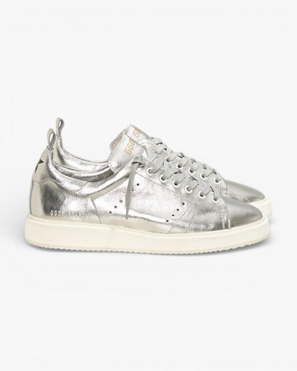 Golden Goose Silver Laminated Calf Leather Starter Sneakers with White Sole