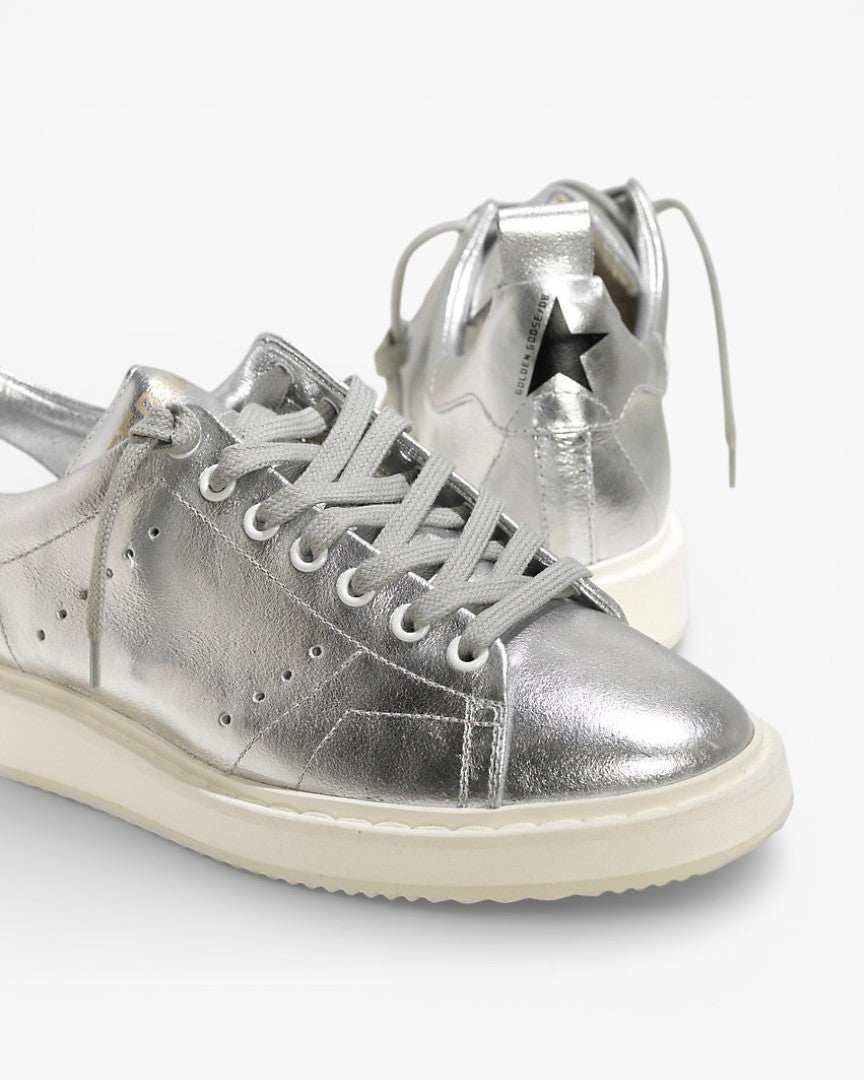 Golden Goose Silver Laminated Calf Leather Starter Sneakers with White Sole