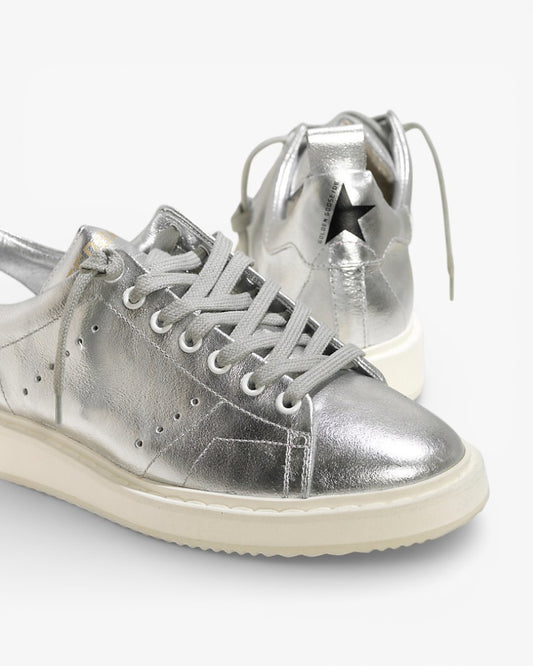 Golden Goose Silver Laminated Calf Leather Starter Sneakers with White Sole