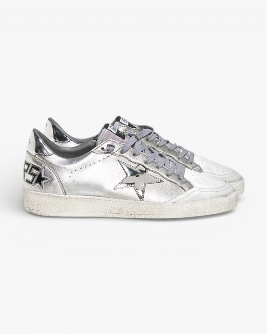 Golden Goose Ball Star White Leather Sneakers Silver Leather Star Silver Mirror Heel Tab