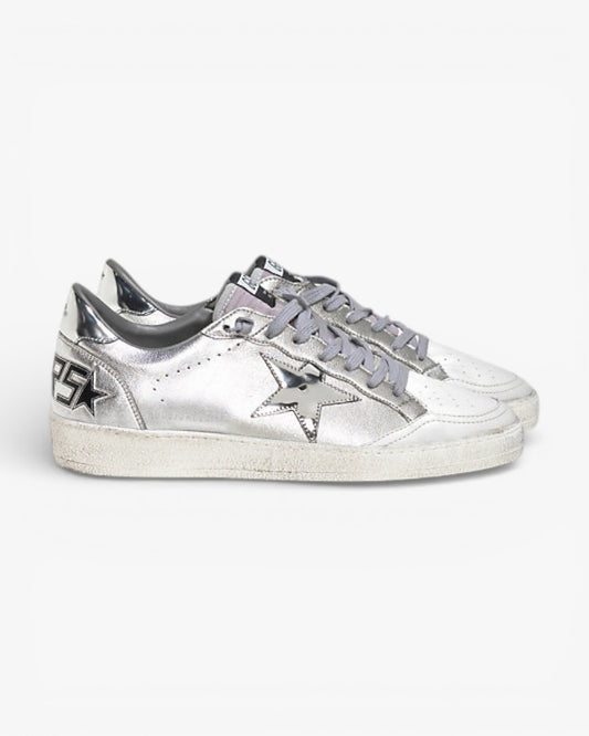 Golden Goose Ball Star White Leather Sneakers Silver Leather Star Silver Mirror Heel Tab